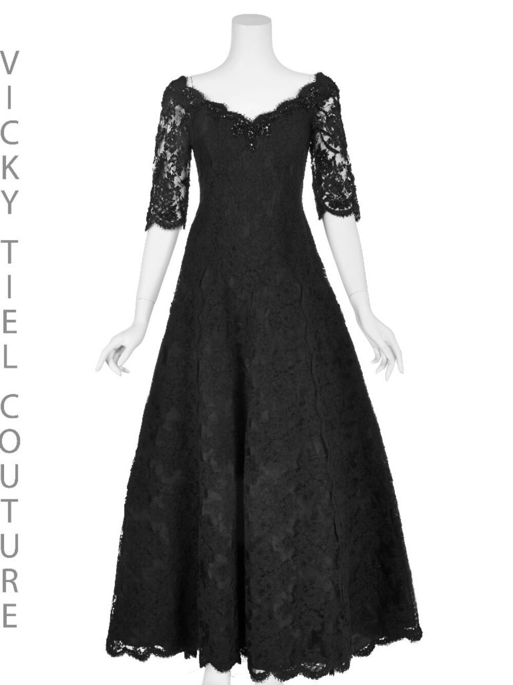 VICKY TIEL COUTURE Vintage 1980s Black Lace Full Length Ball Gown, SZ 10